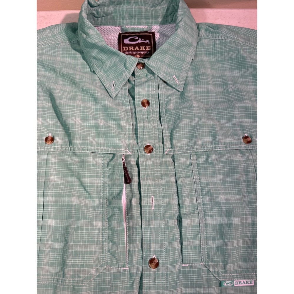 Drake Waterfowl Mens Large Green Plaid Short Sleev Fishing Shirt Vented Mesh J28